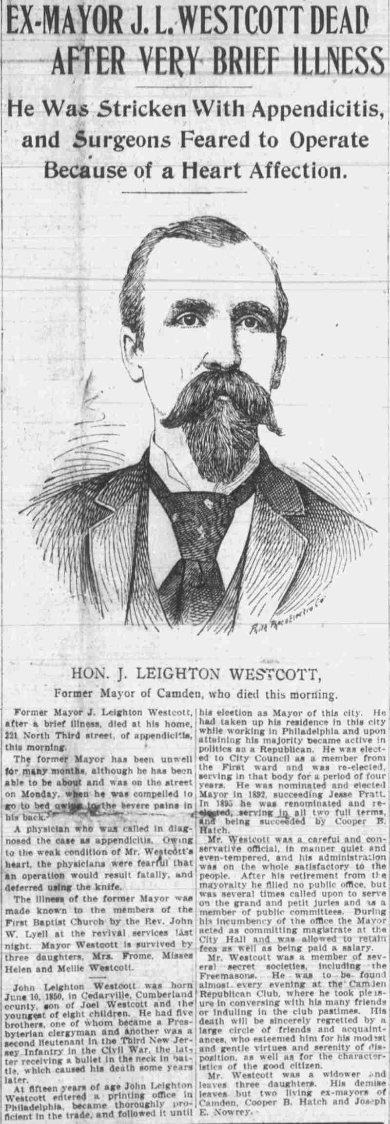 Camden Post-Telegram obituary, January 12, 1906: Ex-Mayor J. L. Westcott Dead After Very Brief Illness