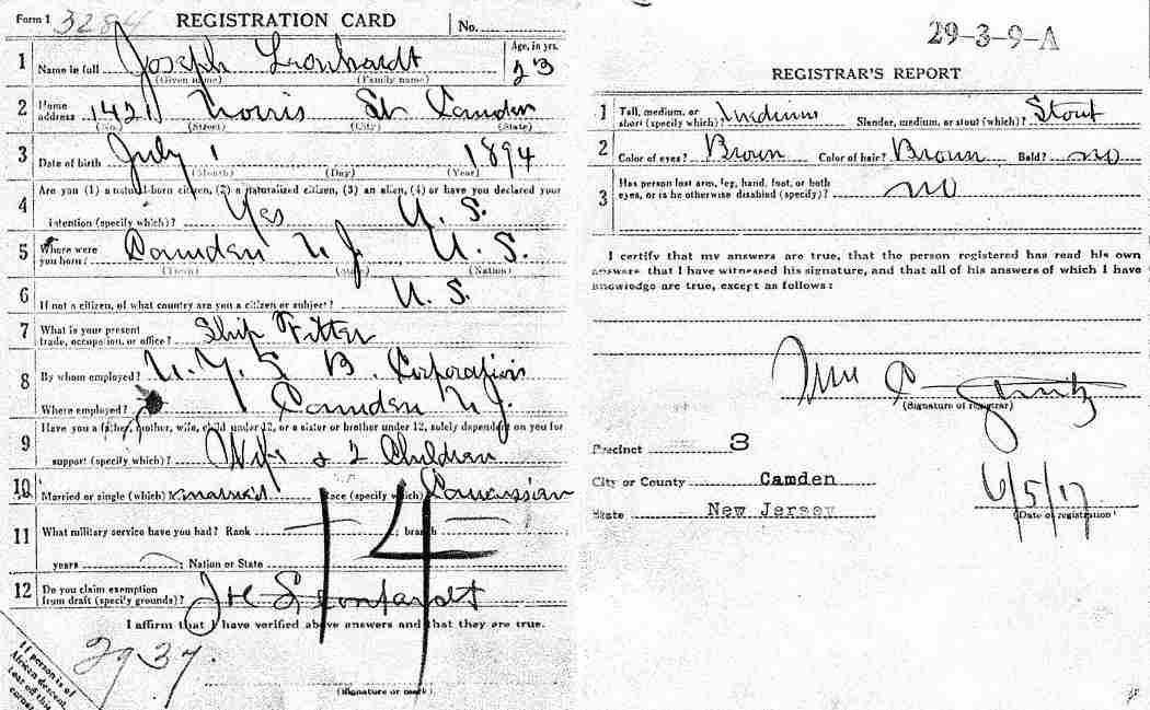 WWI Draft Card for Joseph Leonhardt