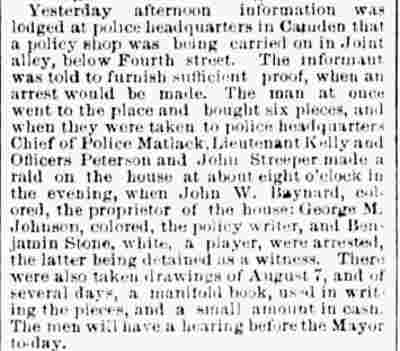 Policy shop raid on Joint Alley, Philadelphia Inquirer, August 8, 1884