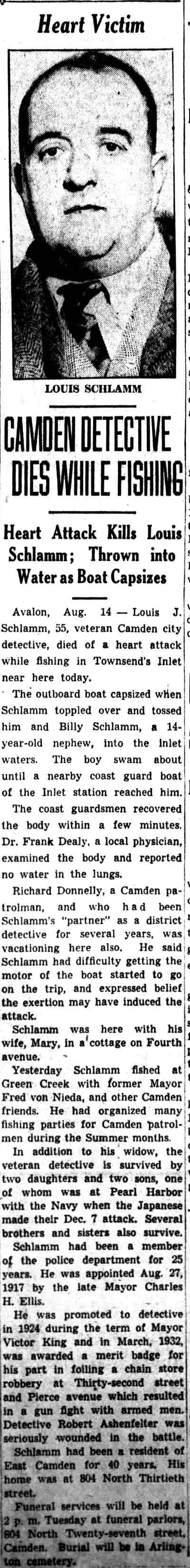 Obituary: Camden Detective Dies While Fishing, August 15, 1942