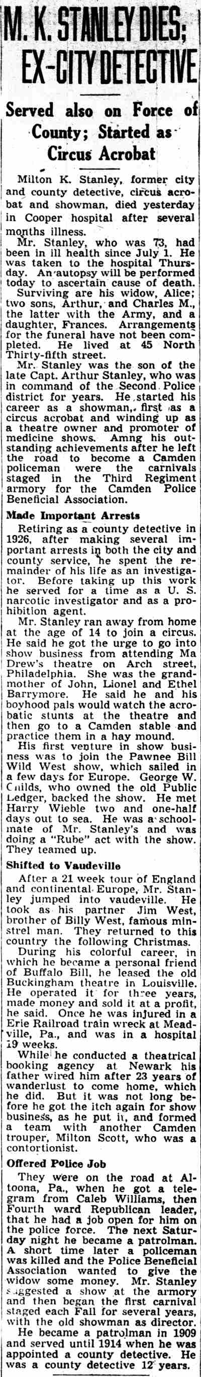 M. K. Stanley Dies; Ex-City Detective, Camden Courier-Post October 22 1945