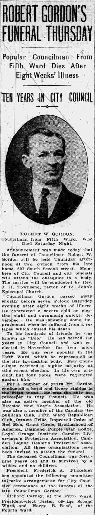 Newspaper clipping: Robert Gordon's Funeral Thursday, December 21, 1914