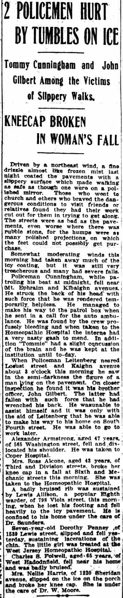 Camden Post-Telegram January 25, 1915 — 2 Policemen Hurt by Tumbles on Ice