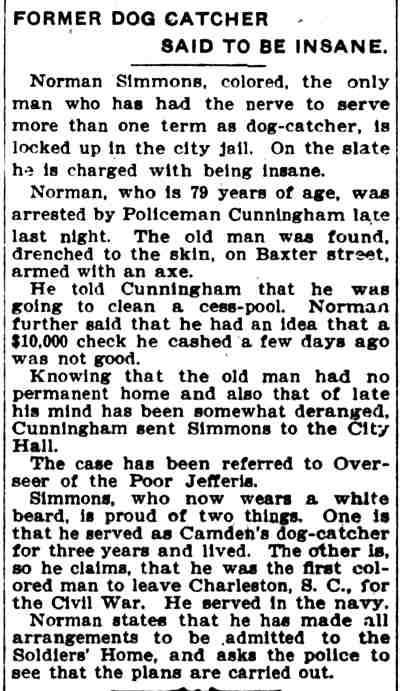 Camden Post-Telegram May 31, 1905 — Former Dog Catcher Said to Be Insane