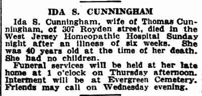 Camden Courier-Post, June 5, 1928 — death notice for Ida S. Cunningham