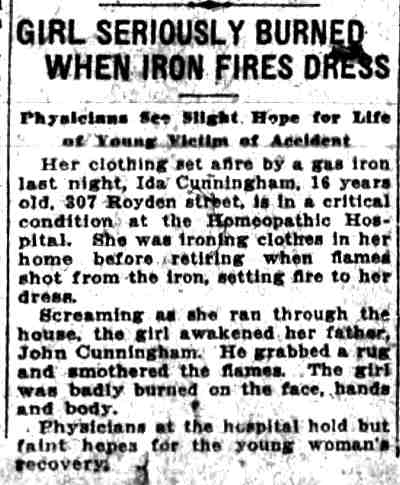 Camden Courier-Post, July 1, 1926 — Girl Seriously Burned When Iron Fires Dress