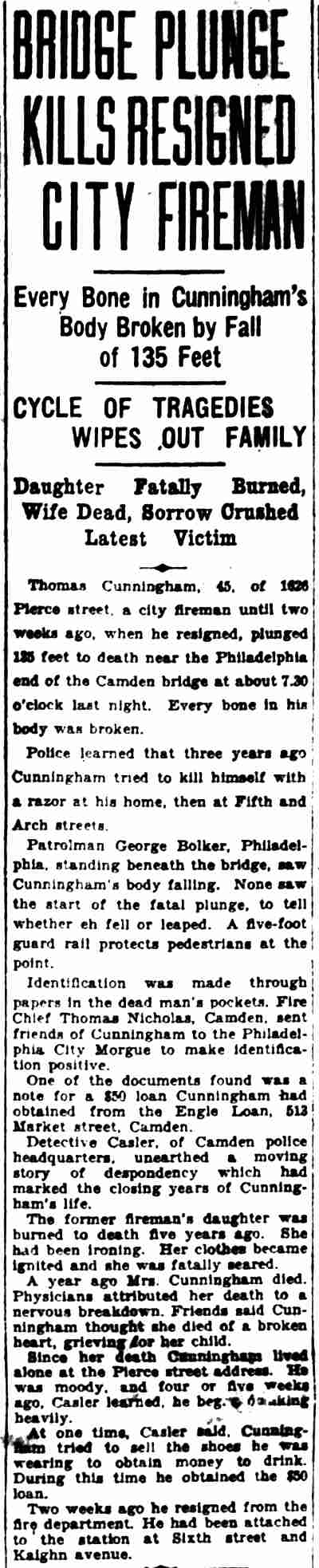 Camden Courier-Post, September 26, 1929 — Bridge Plunge Kills Resigned City Fireman