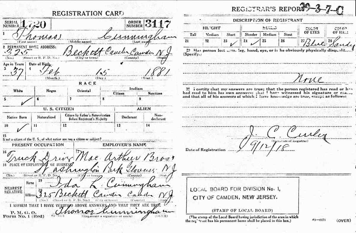 World War I draft registration card for Thomas Cunningham, September 1918
