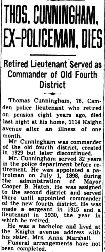 Camden Courier-Post May 21, 1938 — Thos. Cunningham, Ex-Policeman, Dies