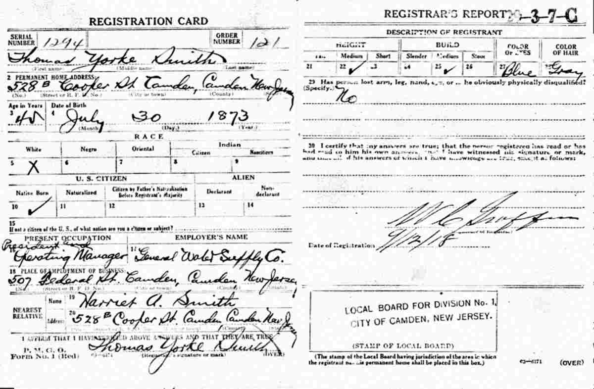 World War I Draft Card for T. Yorke Smith