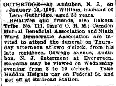 Camden Daily Courier January 20, 1908 — Death notice for William Guthridge