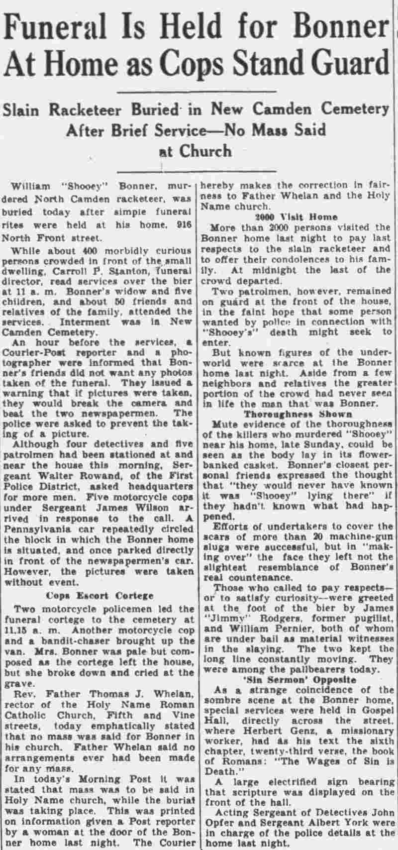 Funeral Is Held for Bonner At Home as Cops Stand Guard, Camden Courier-Post, November 25, 1931