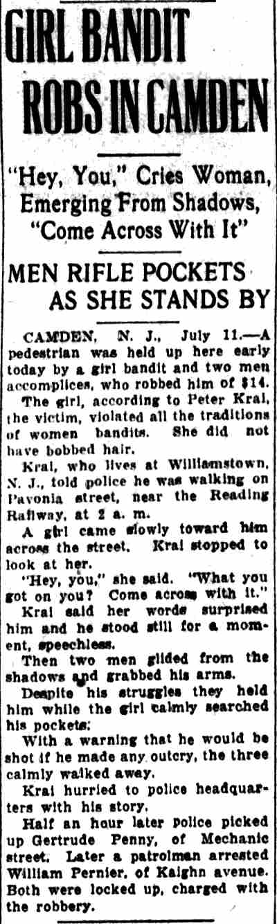 Wilmington Evening Journal, July 11, 1925 — Girl Bandit Robs in Camden