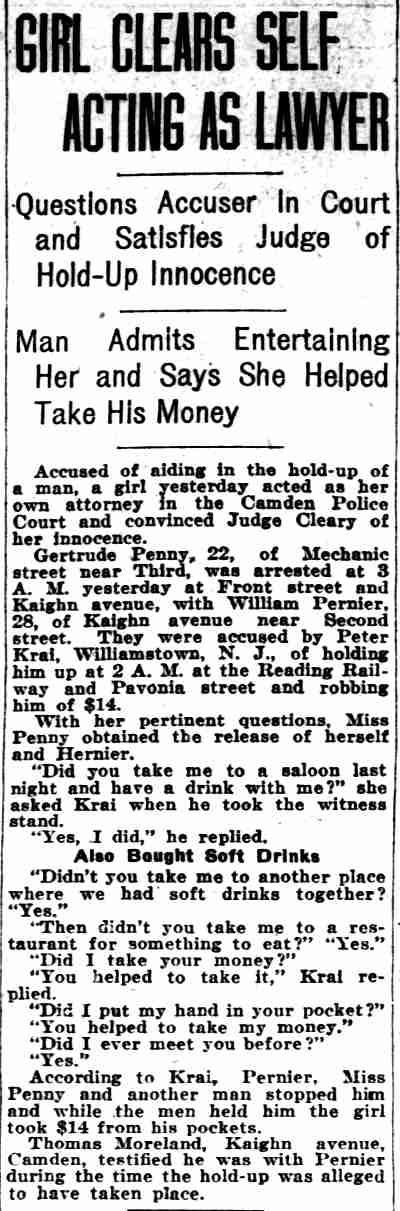 Philadelphia Inquirer, July 12, 1925 — Girl Clears Self Acting as Lawyer