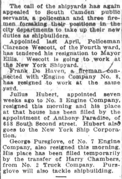 Three firemen leave for New York Shipyard, Post-Telegram March 16 1918