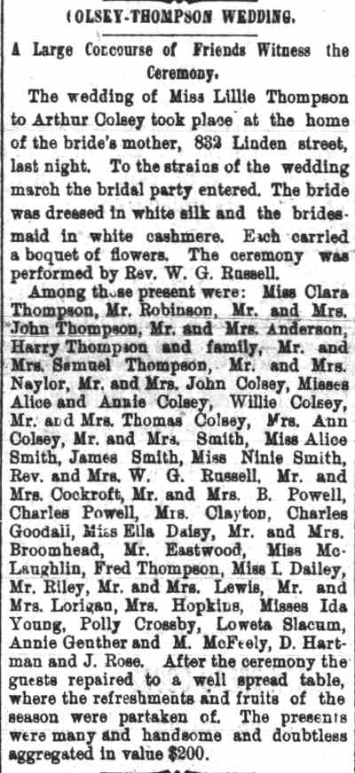 Camden Daily Courier, August 31, 1894 — Colsey-Thompson Wedding