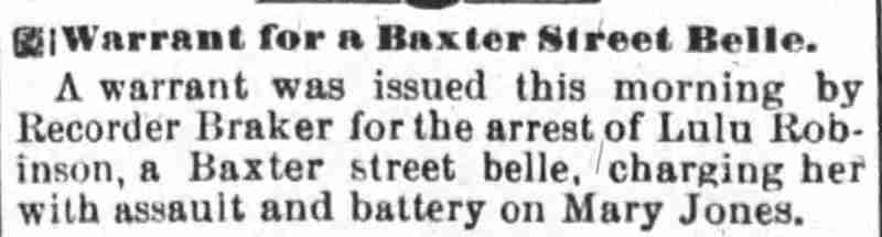 Newspaper clipping: Warrant for a Baxter Street Belle, 1895