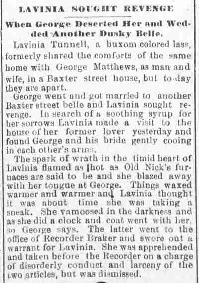 Newspaper clipping: Lavinia Sought Revenge, 1894