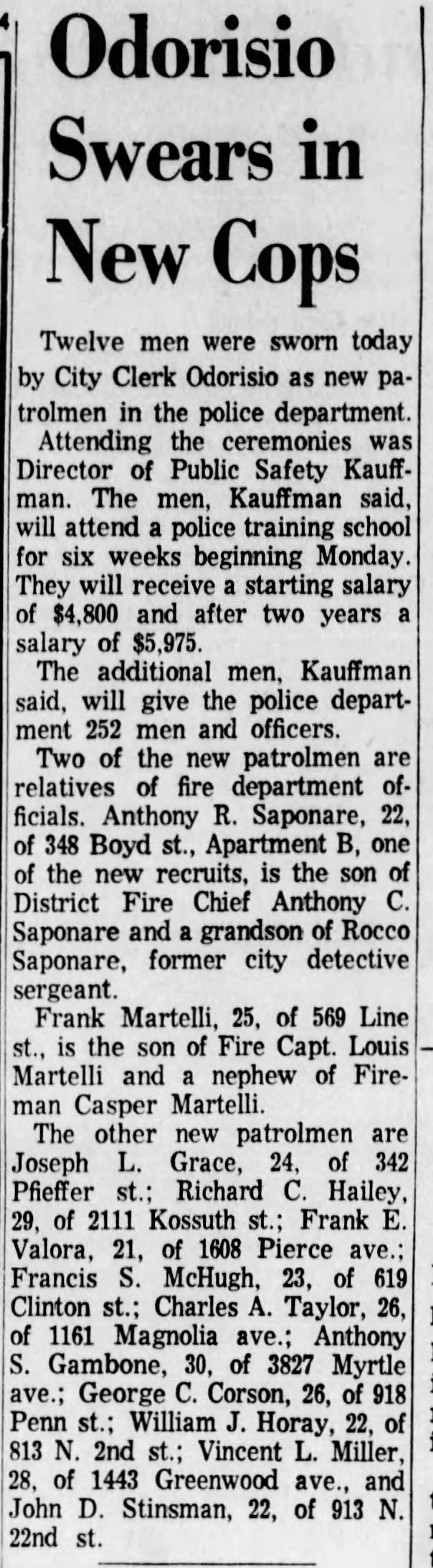 Odorisio Swears in New Cops, Camden Courier-Post, October 8, 1964, page 1