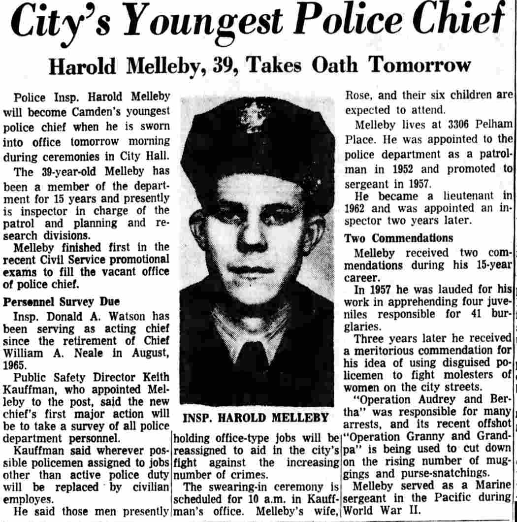 City's Youngest Police Chief — Harold Melleby, 39, Takes Oath Tomorrow, Camden Courier-Post, March 9, 1967