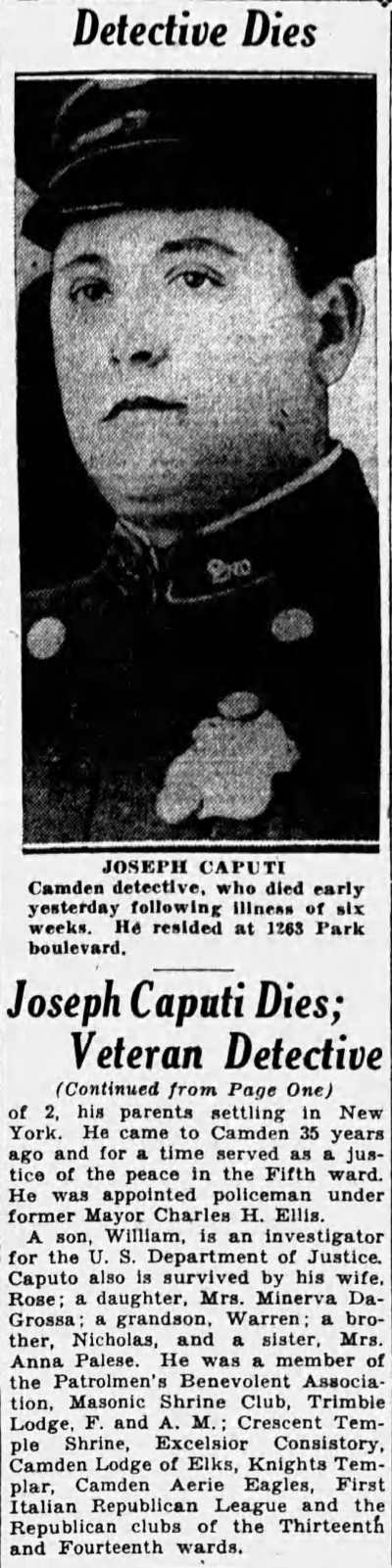 Camden Courier-Post, November 14, 1932 — Joseph Caputi Dies; Veteran Detective