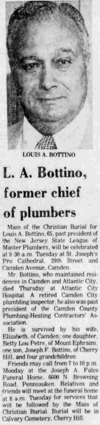 Obituary: L. A. Bottino, former chief of plumbers, with portrait photo