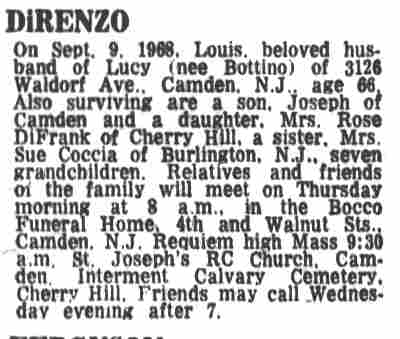 Camden Courier-Post death notice, September 11, 1968: DiRenzo
