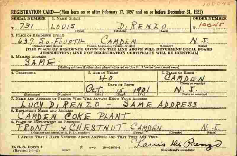 World War II draft registration card for Louis DiRenzo