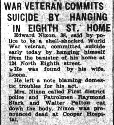 War Veteran Commits Suicide by Hanging in Eighth St. Home, Camden Courier-Post, August 20, 1934