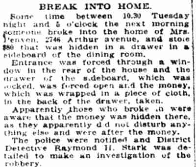 Break Into Home — Mrs. Penven, 2746 Arthur Avenue, Camden Post-Telegram, September 13, 1923