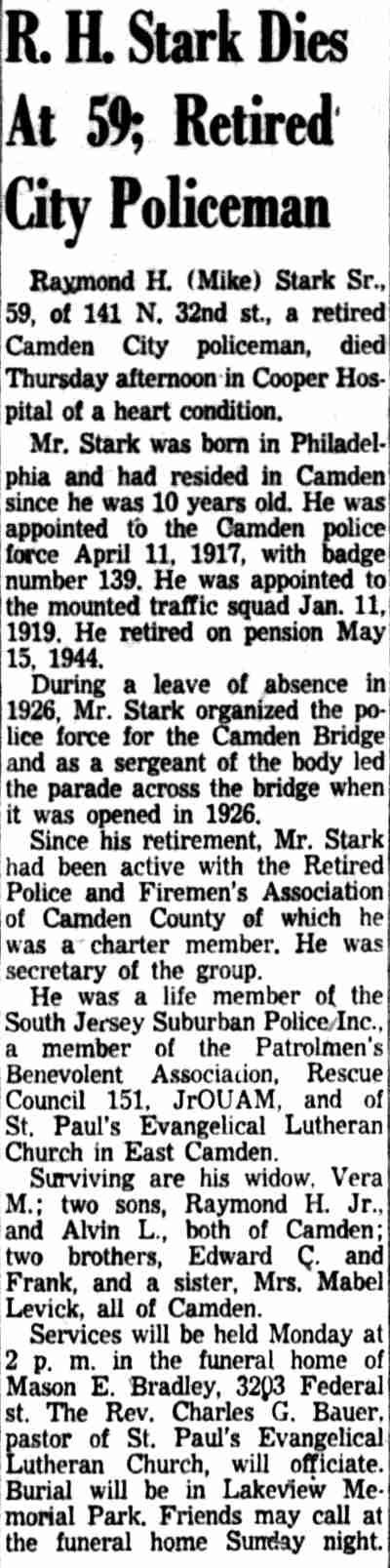 R. H. Stark Dies At 59; Retired City Policeman, Camden Courier-Post, October 23, 1953