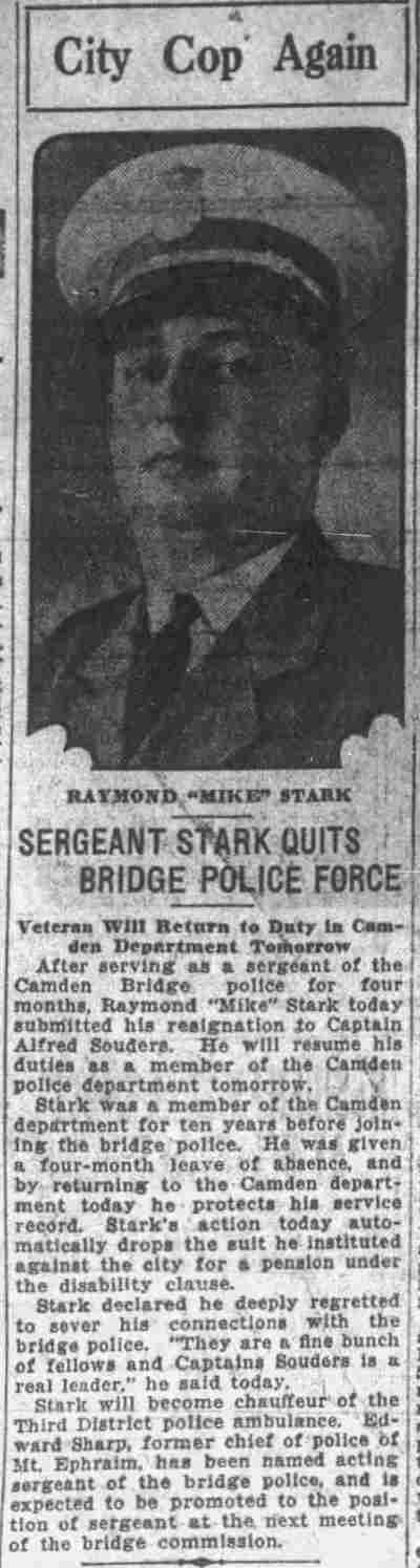 Sergeant Stark Quits Bridge Police Force, Camden Post-Telegram, November 15, 1926