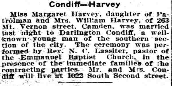 Camden Post-Telegram, February 21, 1907 — Condiff-Harvey marriage announcement