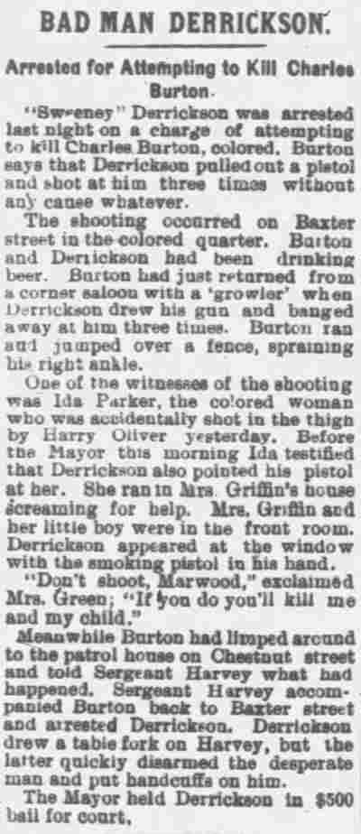 Newspaper clipping: Bad Man Derrickson, 1895