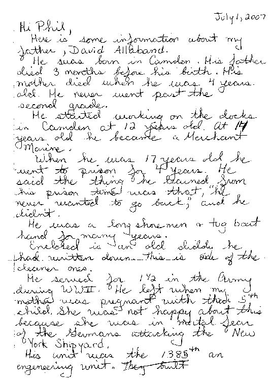 Letter from Mary Allaband Erekson, July 2007 — page 1