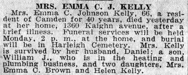 Camden Courier-Post, March 29, 1930 — Mrs. Emma C. J. Kelly death notice