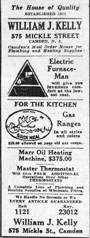 Camden Courier-Post, March 12, 1930 — advertisement for William J. Kelly plumbing contractor