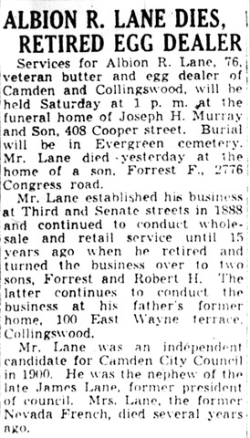 Albion R. Lane Dies, Retired Egg Dealer - Camden Courier-Post, May 21, 1942