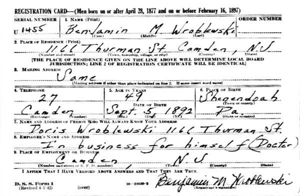 World War II Draft Card for Benjamin M. Wroblewski
