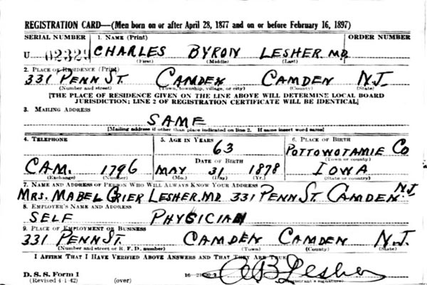 Dr. Charles B. Lesher World War II draft card