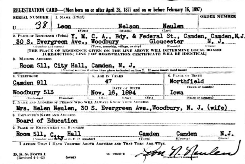 Leon N. Neulen World War II draft registration card