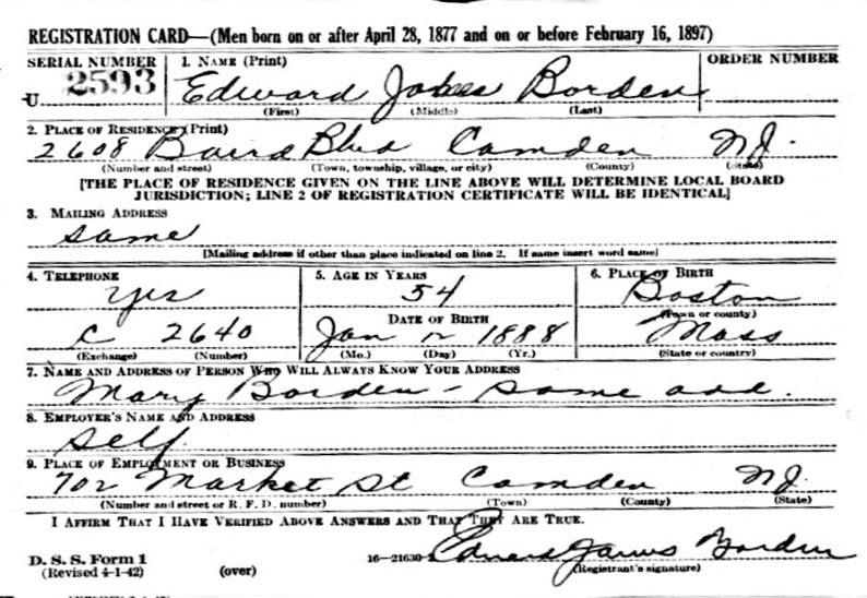 Edward J. Borden, World War II draft registration card