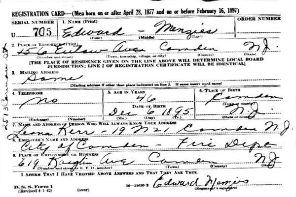 Elwood Menzies World War II draft registration card