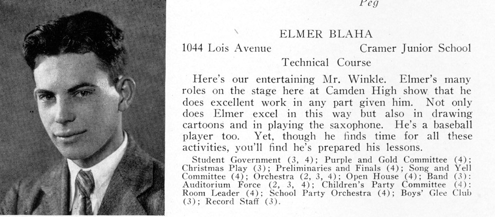 Elmer C. Blaha in Camden High School Purple and Gold Yearbook, 1930