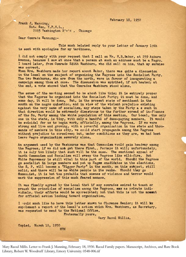 Letter from Mary Raoul Millis to Frank J. Manning, February 18, 1930