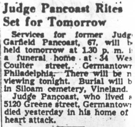 Camden Courier-Post, November 21, 1947 — Judge Pancoast Rites Set for Tomorrow