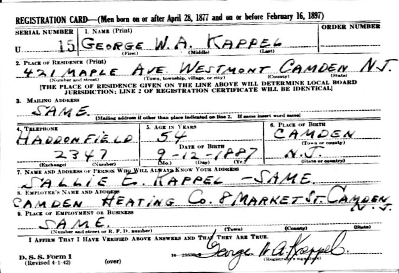 George W.A. Kappel World War II draft card