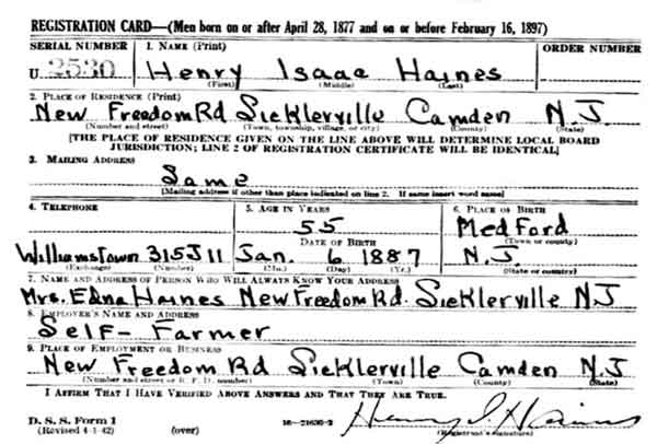 Henry Isaac Haines World War II draft card