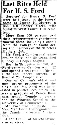 Last Rites Held For H. S. Ford — Camden Courier-Post, December 17, 1947