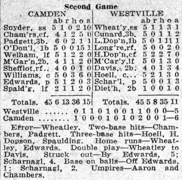 Box score, Second Game — Camden vs. Westville, June 12, 1933